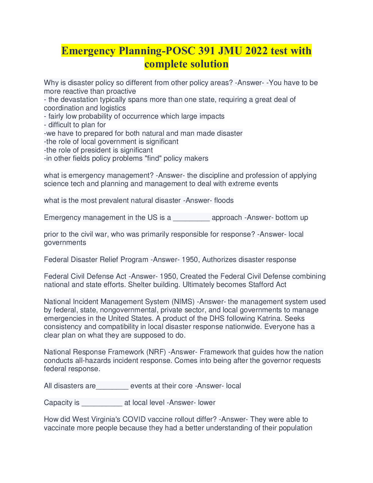 Preview image for Emergency Planning-POSC 391 JMU 2022 test with complete solution